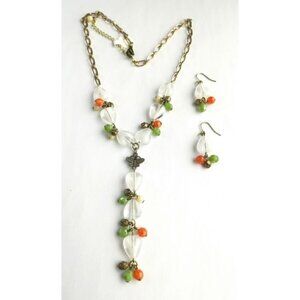 Vintage Czech artisan beaded white milk glass butterfly necklace earring set